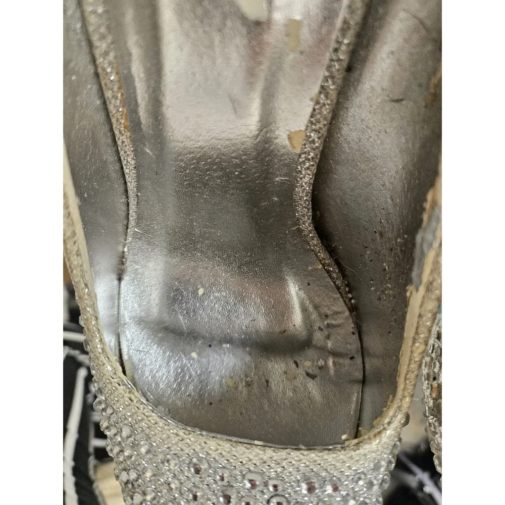 Shierrt Women's Silver Rhinestone Platform Heels Round Toe Slip-On Size 6